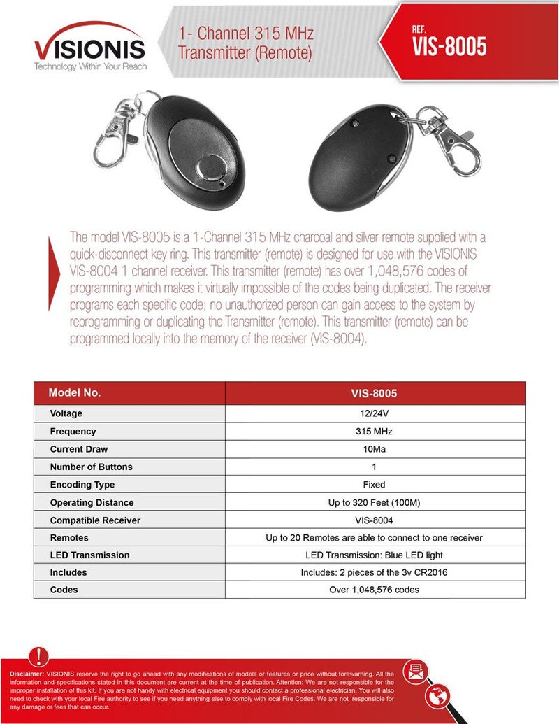 Visionis FPC-5228 2 Mini 315mhz Wireless Fixed Code Remote with One Channel RF Receiver and Power Supply Kit